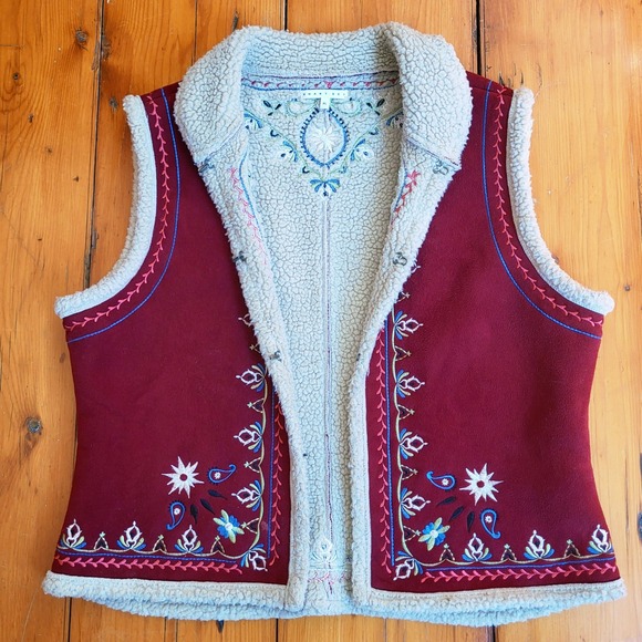Vintage Red Embroidered Sherpa Vest Boho HIppie Size XL - Picture 5 of 16